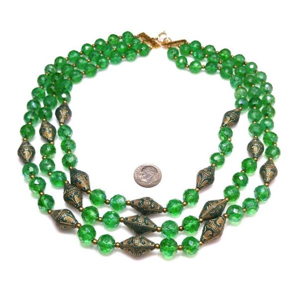 Vintage Green Gold Art Beads Necklace, Three Strands, 19 Inches - Picture 4 of 10